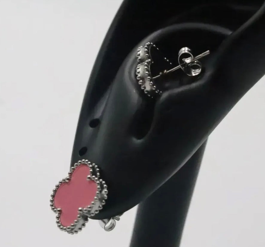 Arete Trébol 15 mm Plateado - Rosa.