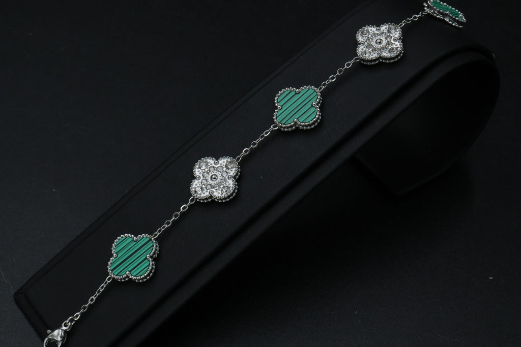 Pulsera Trébol 15 mm con Zirconias 3 en 1 Plateado - Verde