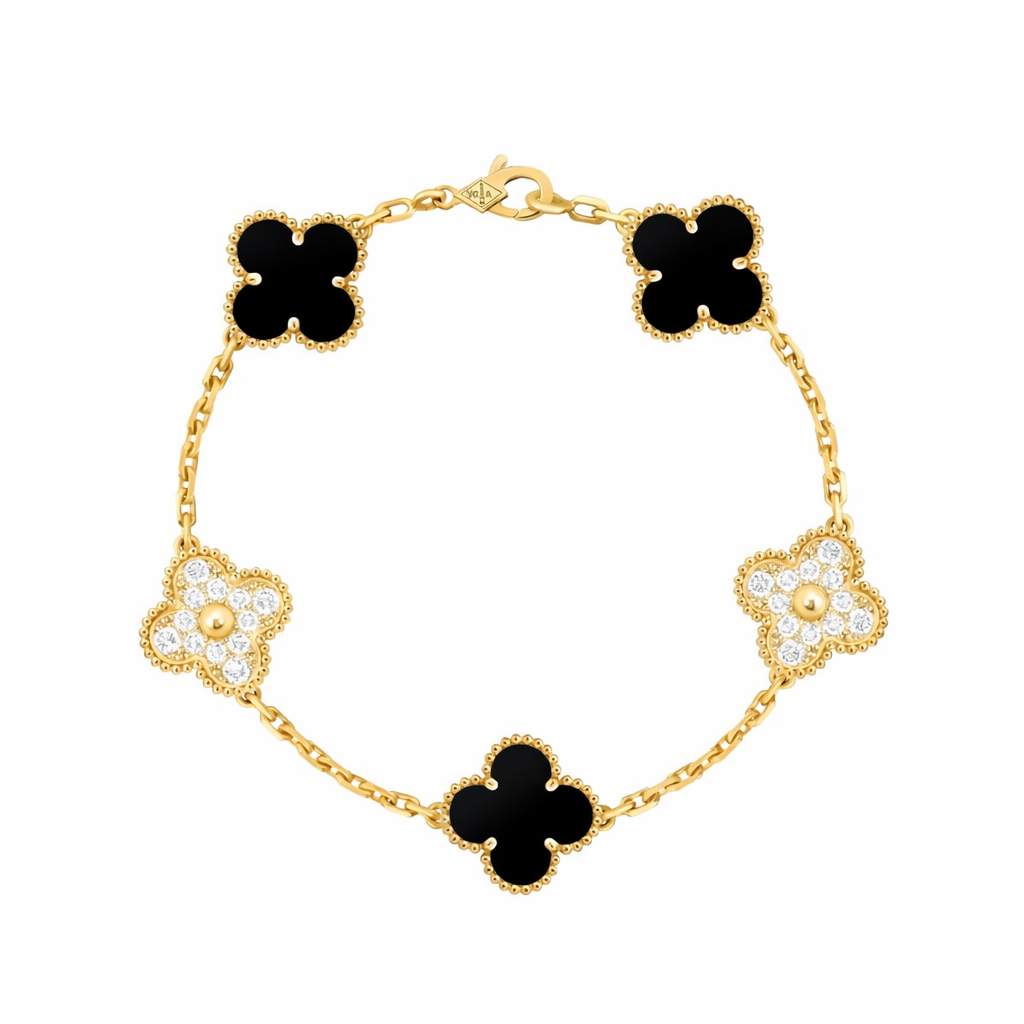 Pulsera VCA Plata .925 1:1 Vintage Alhambra, 5 Onyx - Diamonds / Gold